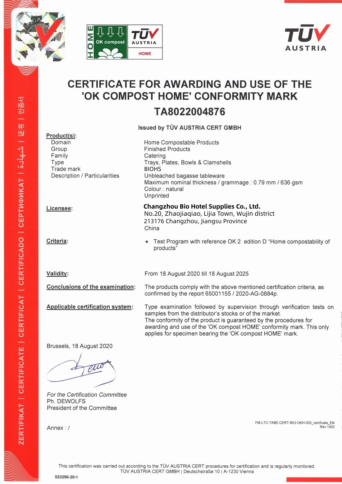 CHINA Changzhou Bio Hotel Supplies Co., Ltd. Certificaciones