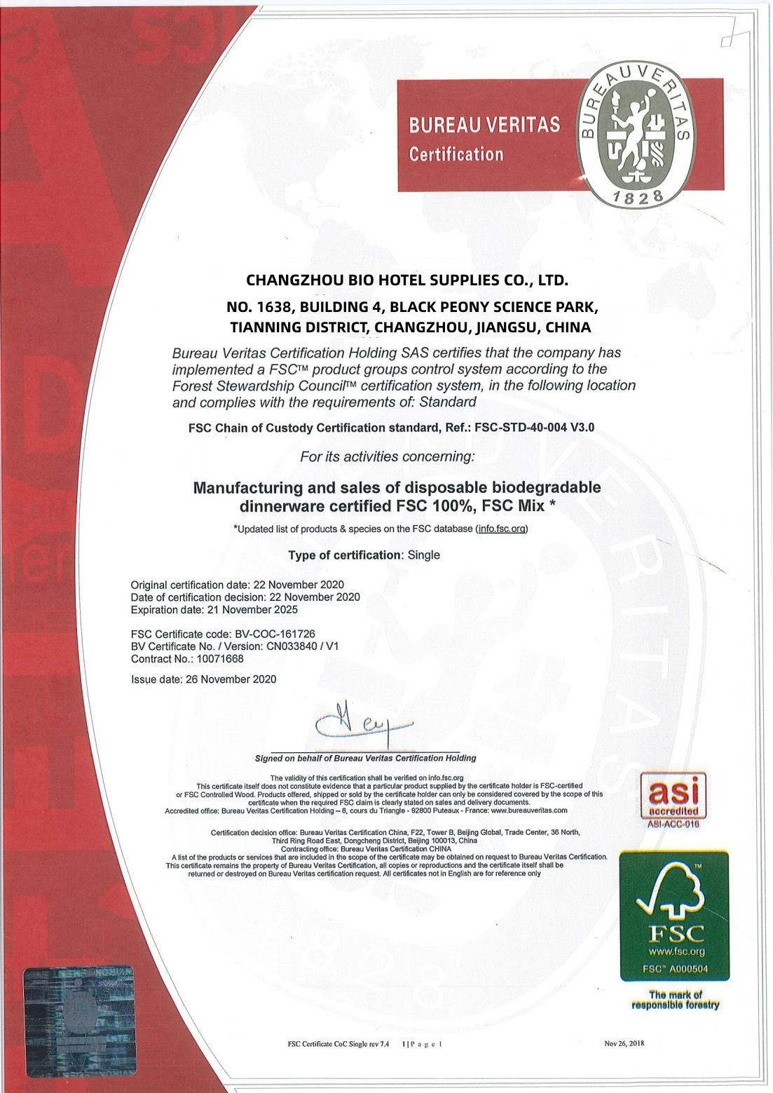 CHINA Changzhou Bio Hotel Supplies Co., Ltd. Certificaciones
